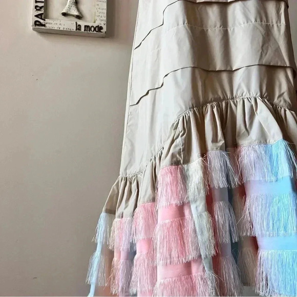 JOURDEN Beige Tie Dye Fringe Flapper Midi Sleeveless Dress Size 4 - Picture 4 of 16